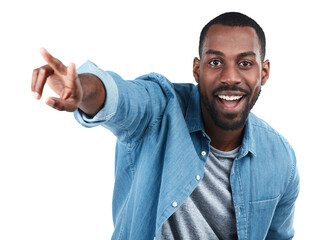 Wall Mural - Portrait, pointing and black man with a choice, decision and confident guy isolated against a transparent background. Face, male person and happy model with gesture for direction, opportunity and png