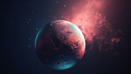 An alien planet floats in cosmic space, bathed in a fantastic orange glow. This game concept art captures the nebulous galaxy, futuristic exploration, abstract science of the universe. Generative AI.
