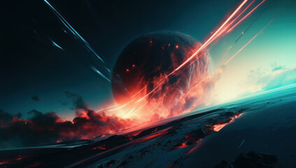 Wall Mural - an alien planet floats in cosmic space, bathed in a fantastic orange glow. this game concept art cap