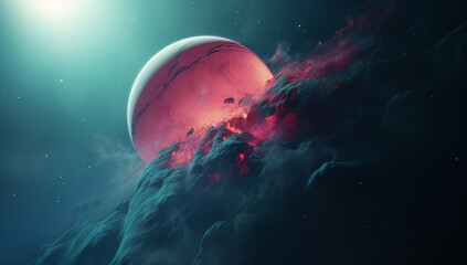An alien planet floats in cosmic space, bathed in a fantastic orange glow. This game concept art captures the nebulous galaxy, futuristic exploration, abstract science of the universe. Generative AI.