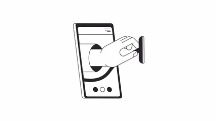 Poster - Mobile health app bw animation. Animated doctor hand with stethoscope in smartphone 2D flat monochromatic thin line object. 4K video concept footage with alpha channel transparency for web design