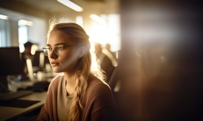 A young female wearing glasses is sitting in an office looking at a computer. She looks focused and determined to work on her task - AI Generative