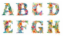Watercolor Cute Letters With Colorful Flowers On A White Background. Сapital Letters Of The English Alphabet:  A, B, C, D, E, F, G, H. AI Generated