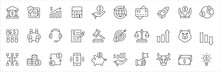Bank And Finance Icon Set. Business And Corporation Vector Signs. Contain Symbol Of Safe, Global Market, Auction, Crowd Funding, Start Up, Meeting, Stock, Bull And Bear. Vector Stock Thin Line Design.