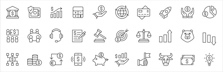 Bank and finance icon set. Business and corporation vector signs. Contain symbol of safe, global market, auction, crowd funding, start up, meeting, stock, bull and bear. Vector stock thin line design.