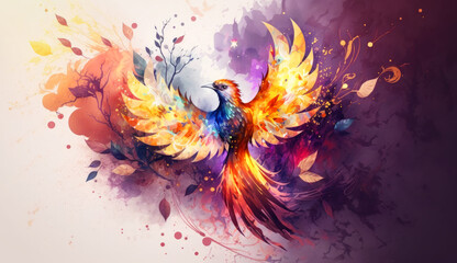Poster - Watercolor phoenix and flower. generative ai.