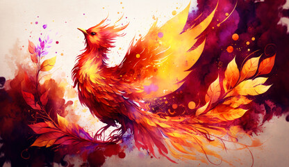 Poster - Watercolor phoenix and flower. generative ai.