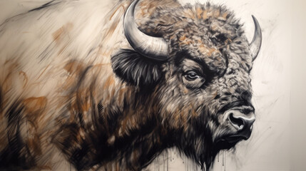 Wall Mural - illustration of watercolor bison, abstract watercolor background, generative ai.