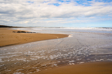 Canvas Print - Cambois Beach looking north, which is located between the rivers Blyth and Wansbeck on the Northumberland coast and is a long stretch of sand backed by rocks and grassy dunes