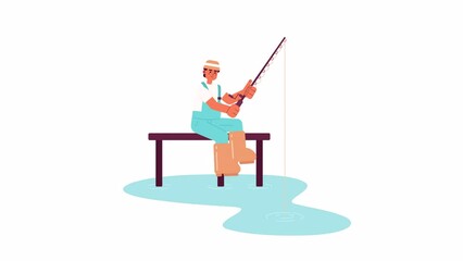 Aufkleber - Dock fishing animation. Animated isolated 2D fisher in bucket hat on dock. Summer hobby. Cartoon flat character 4K video footage, white background, alpha channel transparency for web design
