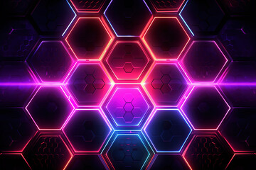 Canvas Print - Abstract Neon Hexagon background, Ai generated