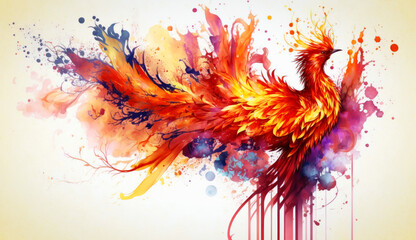 Poster - Watercolor phoenix and flower. generative ai.