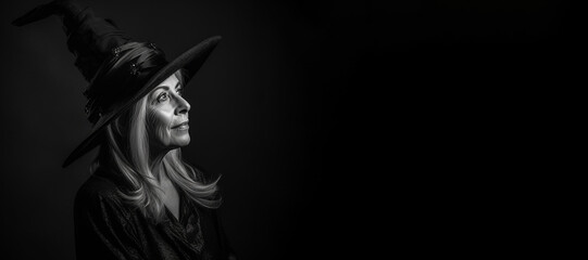 Wall Mural - Black and white photorealistic studio portrait of a mature witch on black background. Generative AI illustration