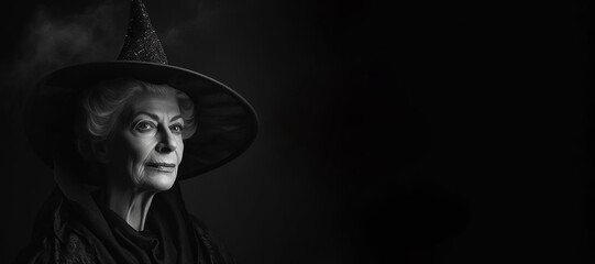 Wall Mural - Black and white photorealistic studio portrait of a mature witch on black background. Generative AI illustration