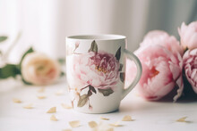 Coffee Or Tea Cup Decorated With Peony Flowers. Generative AI Illustration