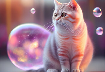 Poster - Maine Coon cat from smooth elegant transparent fabric on bright bokeh background 3d pink and peach colors. 
Generative AI technology.