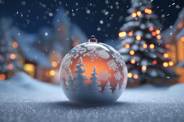 Canvas Print - beautiful New Year card, Christmas ball in the snow near the Christmas tree. Generative Ai. 