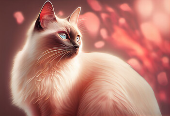 Aufkleber - Birman cat from smooth elegant transparent fabric on bright bokeh background 3d pink and peach colors. 
Generative AI technology.