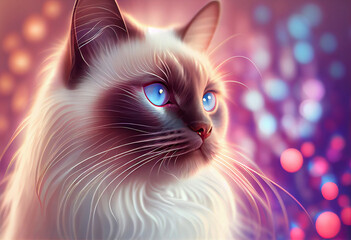 Aufkleber - Birman cat from smooth elegant transparent fabric on bright bokeh background 3d pink and peach colors. 
Generative AI technology.