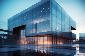 architectural rendering of a sleek and modern office building, with a minimalist design and glass exterior, emphasizing the cutting-edge and high-tech nature of the company.	Generative AI technology.