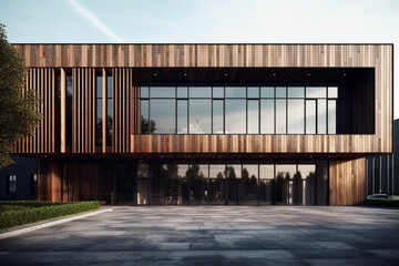 Poster - a modern building with a façade that features a unique blend of wood and metal materials. generative