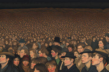 ai-generated, illustration of a sketch of a vintage crowd of people