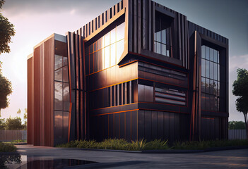 Poster - An office complex with a façade that features a series of overlapping metal panels in a variety of colors.
Generative AI technology.