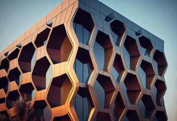 Poster - A glass-walled structure with a façade that incorporates a unique pattern of textured and clear glass panels.
Generative AI technology.