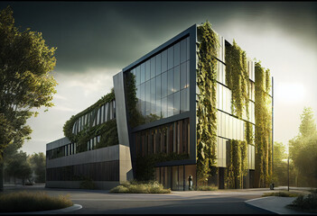 Poster - an office complex with a façade that features a unique pattern of metal and glass panels. generative