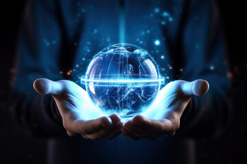 Wall Mural - ai generative. hands holding hologram sphere.