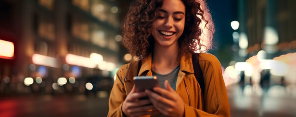 Wall Mural - smiling woman using her cell phone on a city street at night. Generative Ai