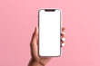 © PETR BABKIN - woman holding a white iphone with a blank screen. Generative Ai