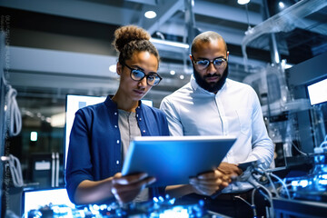 Two people looking at a computer screen created with Generative AI technology