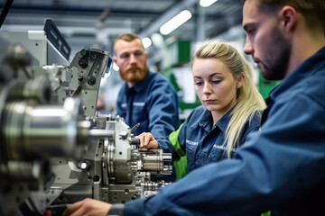 A group of people working on machinery in a factory created with Generative AI technology