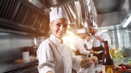 Smiling woman chef cook in restaurant kitchen cook new dishes for restaurant customers, happy female chef loves his job with team of cooks on background, professional chef in kitchen, generative AI