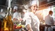 Smiling woman chef cook in restaurant kitchen cook new dishes for restaurant customers, happy female chef loves his job with team of cooks on background, professional chef in kitchen, generative AI
