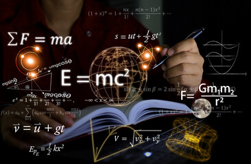 Wall Mural - physics equations floating in the background, hands writing in notebooks on work tables, representin