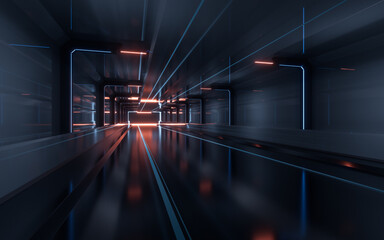 Poster - Dark tunnel with technology structure, 3d rendering.