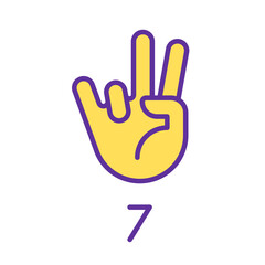 Wall Mural - Digit seven sign in ASL pixel perfect RGB color icon. Number visual modality. Communication way. Isolated vector illustration. Simple filled line drawing. Editable stroke. Arial font used