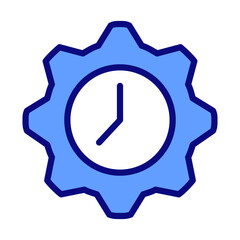 Sticker - Time management pixel perfect RGB color icon. Flexible hours. Clock inside gear. Planning tasks. Isolated vector illustration. Simple filled line drawing. Editable stroke. Arial font used