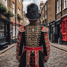 Back View Of An English Soldier Beefeater. Generative AI.