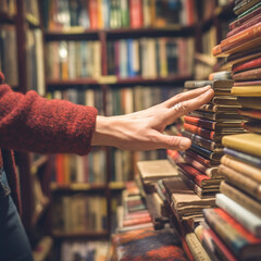 Hands picking up a book from a library. Generative AI.