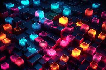 Abstract 3d background, Neon cubes, Generative ai