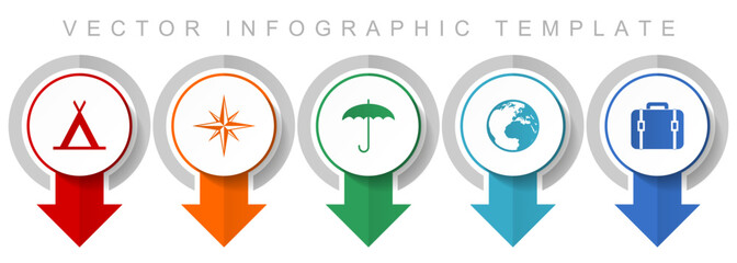Poster - Adventure icon set, miscellaneous pointer icons such as tent, navigation, umbrella, globe and case for webdesign and mobile applications, modern design infographic vector template