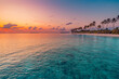 © icemanphotos - Amazing travel landscape. Beautiful panoramic sunset tropical paradise beach. Tranquil summer vacation or holiday. Tropical sunset beach seaside palm calm peace panorama exotic nature colorful sea sky