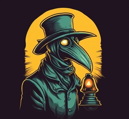 Illustration of a plague doctor with a light in his hand. AI