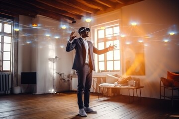 Futuristic vision of using VR AR immersive technology in business, handsome businessman using VR AR equipment, created with Generative AI
