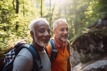 active retired interracial gay couple hiking outdoors. generative ai