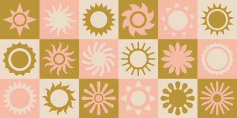 Poster - Vector illustration in simple linear style and icons - design templates, hot sun and summer logos