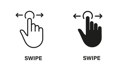 Poster - Swipe Gesture to Right and Left, Hand Cursor of Computer Mouse Line and Silhouette Black Icon Set. Pointer Finger Pictogram. Click, Press, Touch, Tap Symbol Collection. Isolated Vector Illustration